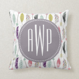 Feathers and Arrows Monogram Throw Pillow