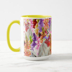 Feathers and Blooms: Rooster Among the Hollyhocks Mug