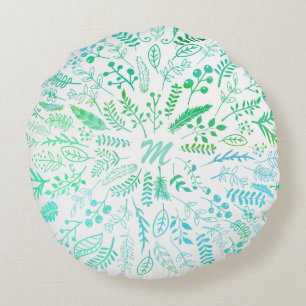Feathers and Ferns in Blue Tones and Green Tones Round Pillow