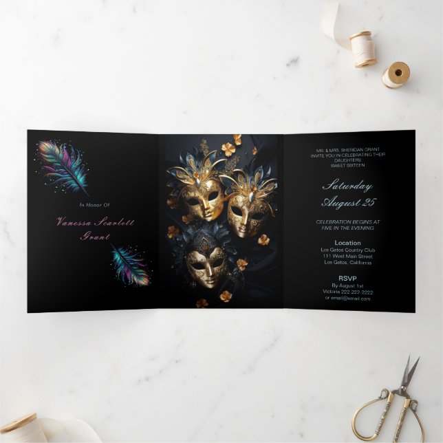 Feathers and Masquerade Sweet 16 Party Invitation (Inside)