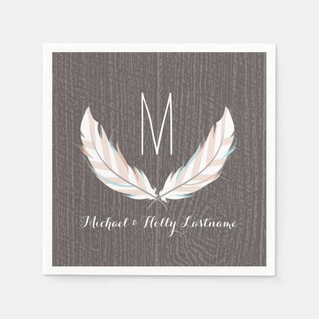 Feathers + Barn Wood Monogram Wedding Napkin (Front)