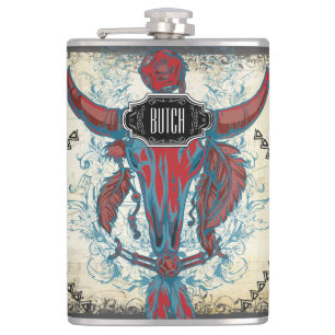 Feathers Black Red Blue Cow Skull Floral Tribal Hip Flask