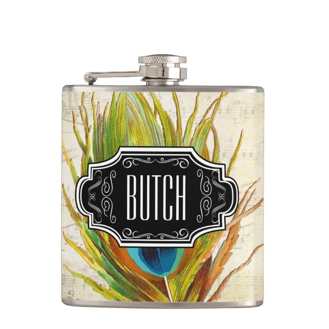 Feathers Black Red Yellow Hipster Pattern Hip Flask (Front)