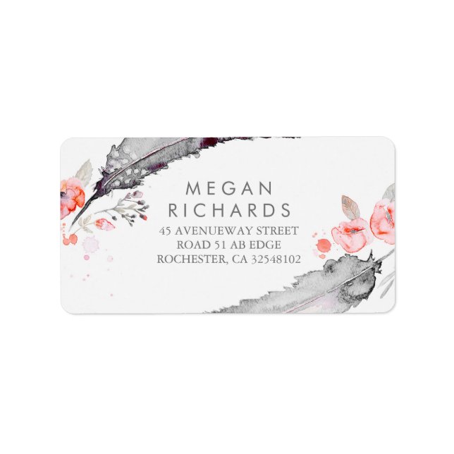 Feathers Bohemian Romantic Grey Pink Wedding Label (Front)