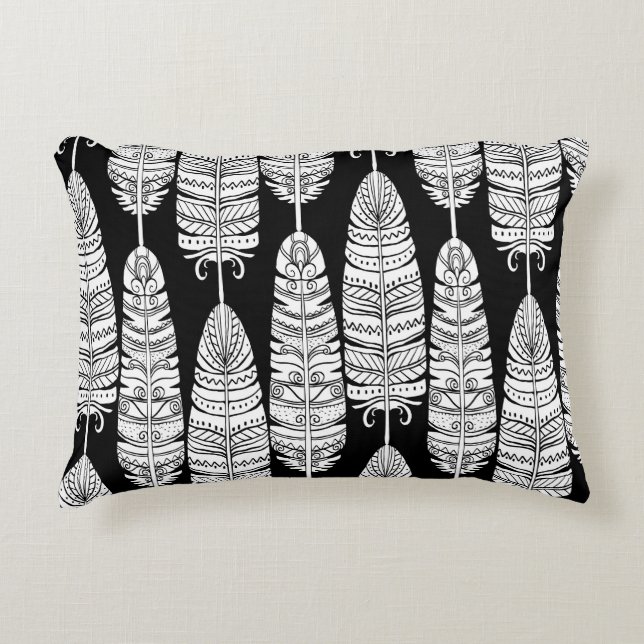 Feathers boho: black and white pattern accent pillow (Front)
