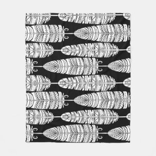 Feathers boho: black and white pattern fleece blanket