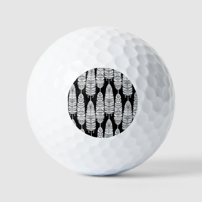 Feathers boho: black and white pattern golf balls (Front)