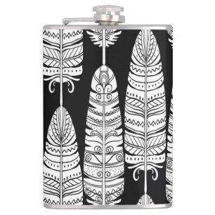 Feathers boho: black and white pattern hip flask