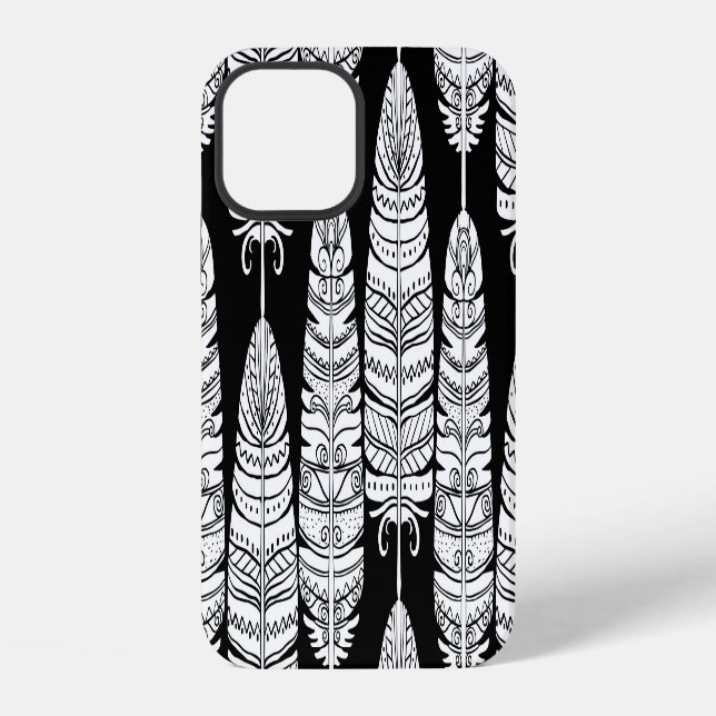 Feathers boho: black and white pattern iPhone case (Back)