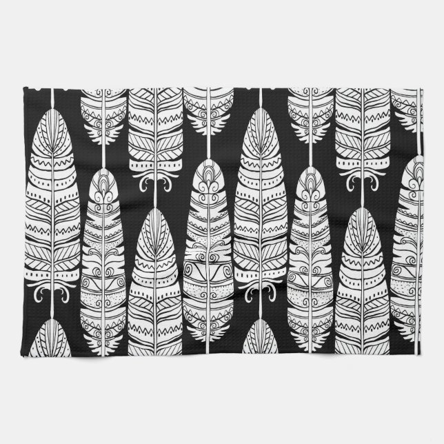 Feathers boho: black and white pattern kitchen towel (Horizontal)