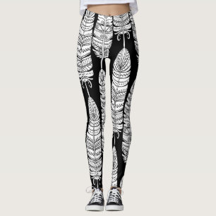 Feathers boho: black and white pattern leggings