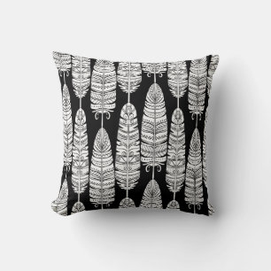 Feathers boho: black and white pattern throw pillow