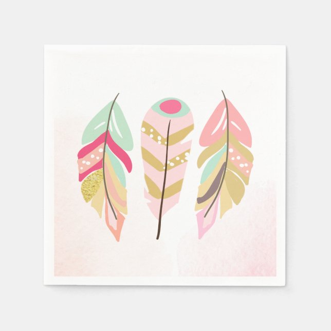 Feathers Boho Paper Napkins Pink Gold Girl Wild (Front)