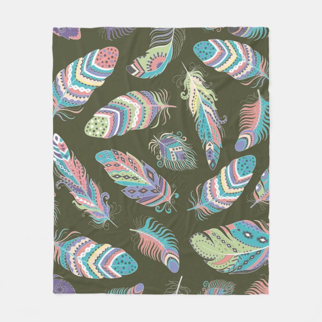Feathers Boho Seamless Pattern. Tribal Ethnic Back Fleece Blanket (Front)