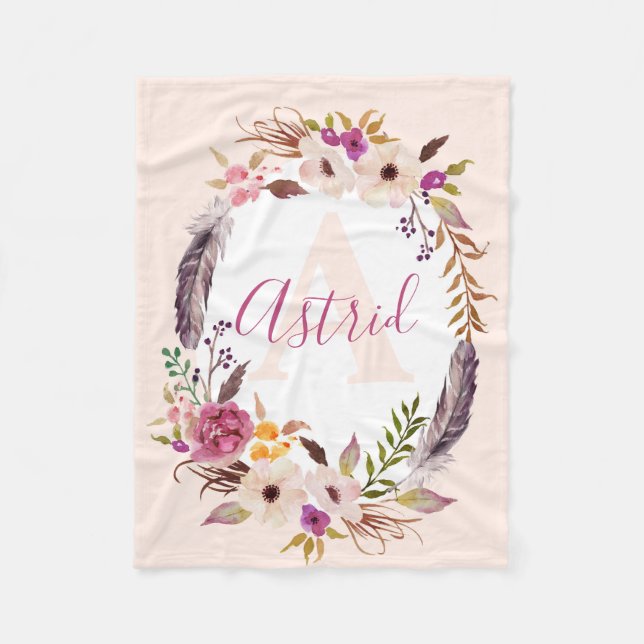 Feathers Boho watercolor customized blanket (Front)