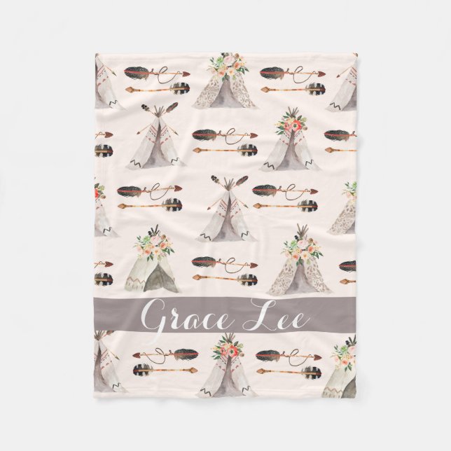 Feathers Boho watercolor customized blanket (Front)