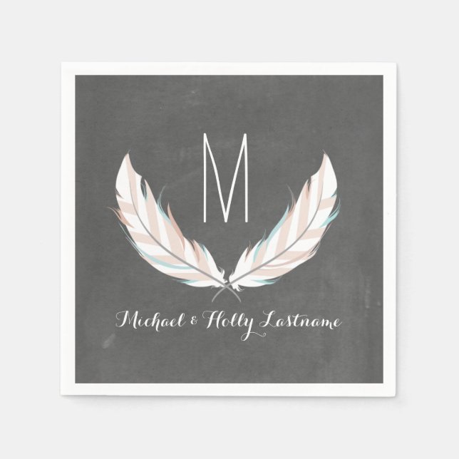 Feathers + Chalkboard Monogram Wedding Napkin (Front)