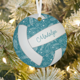 feathers doodle pattern teal white volleyball metal ornament