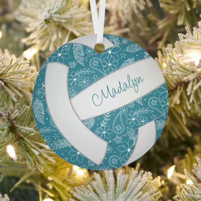 feathers doodle pattern teal white volleyball metal ornament (Insitu)