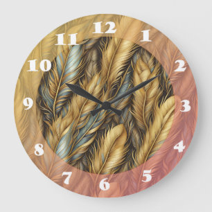 Feathers Golden Silver Art Large Clock