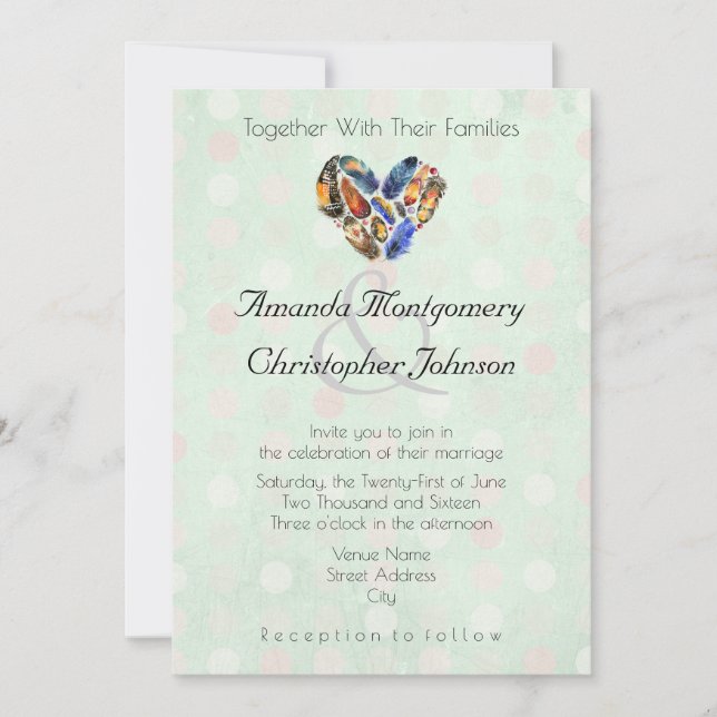 Feathers In A Heart Shape Mint Green Wedding Invitation (Front)