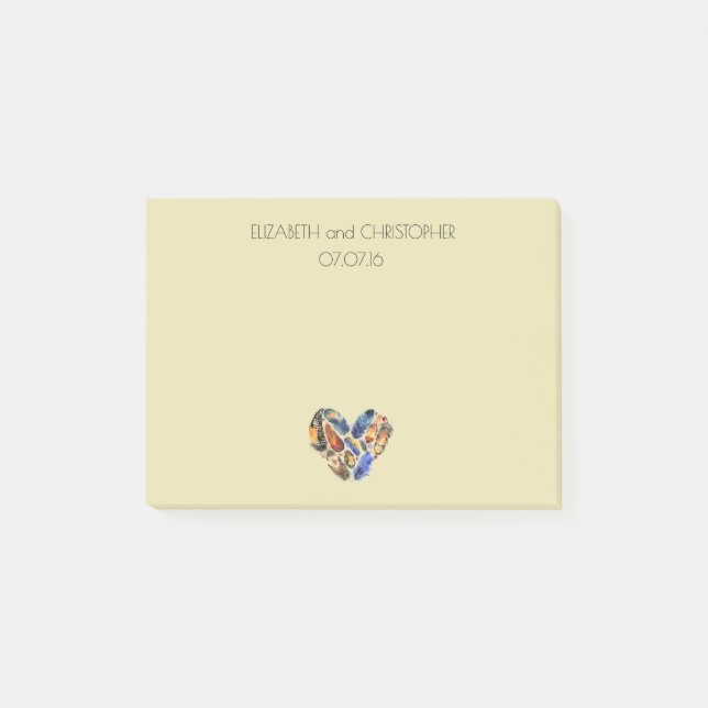Feathers In A Heart Shape Personalized Wedding Post-it Notes (Front)