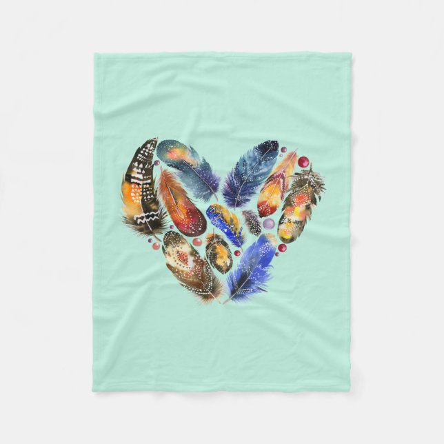 Feathers In A Heart Shape Watercolor Design Fleece Blanket (Front)