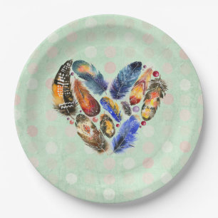 Feathers In A Heart Shape Watercolor Design Paper Plate