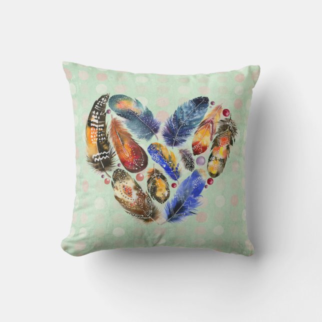 Feathers In A Heart Shape Watercolor Design Throw Pillow (Front)