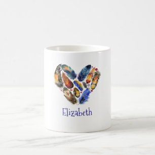 Feathers In A Heart Shape Watercolor Personalized Coffee Mug