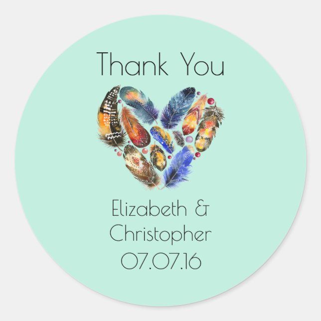 Feathers In A Heart Shape Wedding Thank You Classic Round Sticker (Front)