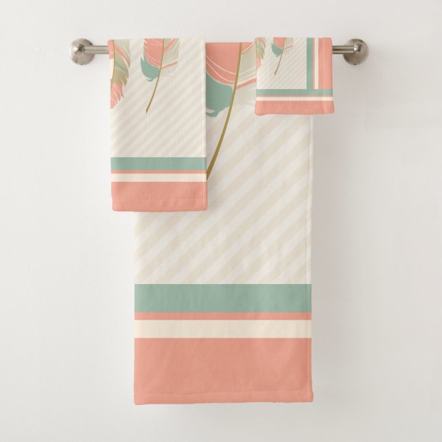 Feathers in Cream, Coral and Mint Green Bath Towel Set (Insitu)
