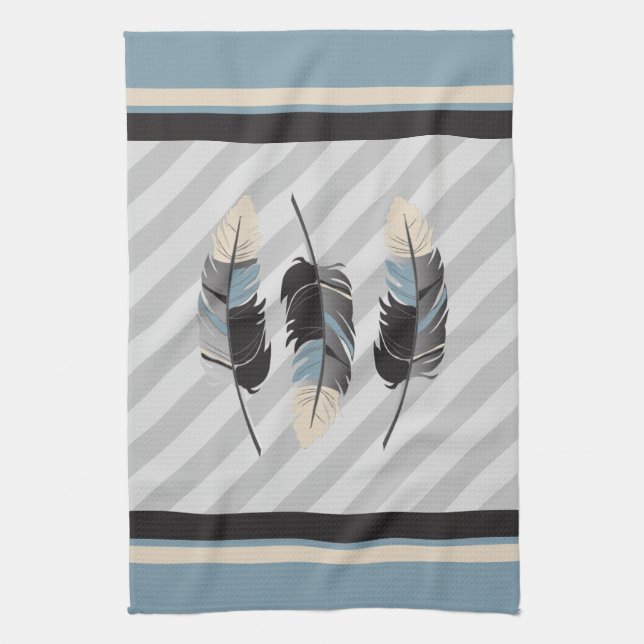 Feathers in Cream, Grey and Blue Kitchen Towel (Vertical)
