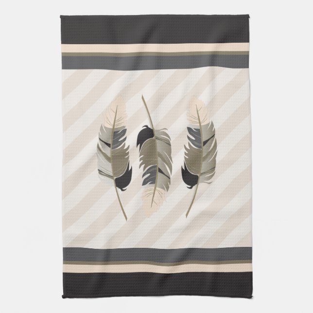 Feathers in Cream, Grey and Brown Kitchen Towel (Vertical)