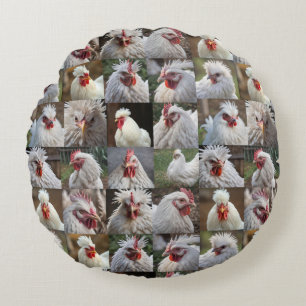 "Feathers in Focus: A White Chicken's Portrait" Round Pillow