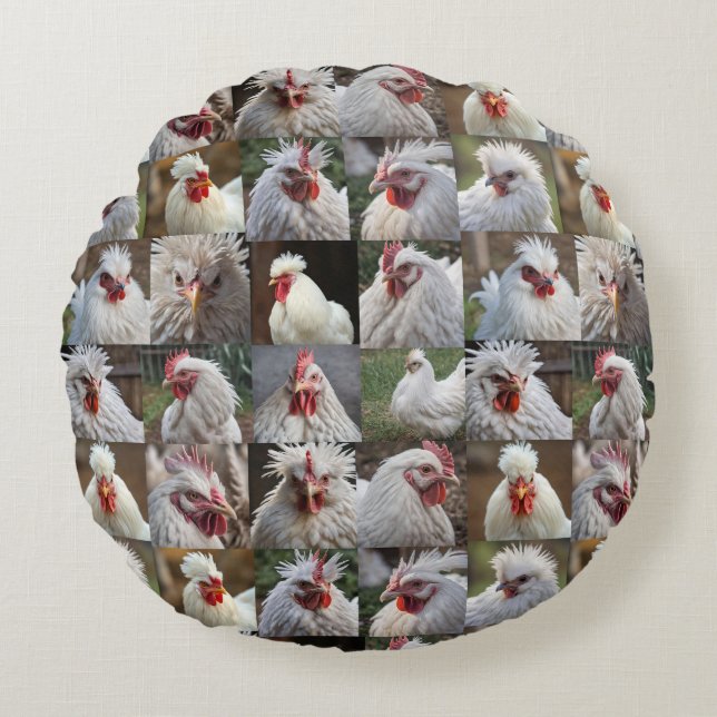"Feathers in Focus: A White Chicken's Portrait" Round Pillow (Front)