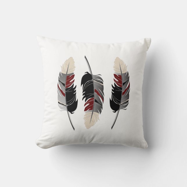 Feathers in Grey, Maroon Red and Cream Throw Pillow (Front)