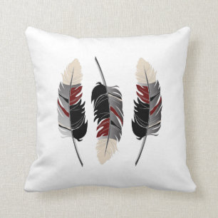 Feathers in Grey, Maroon Red and Cream Throw Pillow