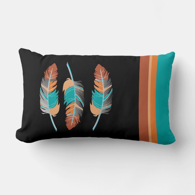 Feathers in Teal and Desert Colours Lumbar Pillow (Front)