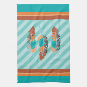 Feathers in Teal Stripes and Desert Colour Kitchen Towel