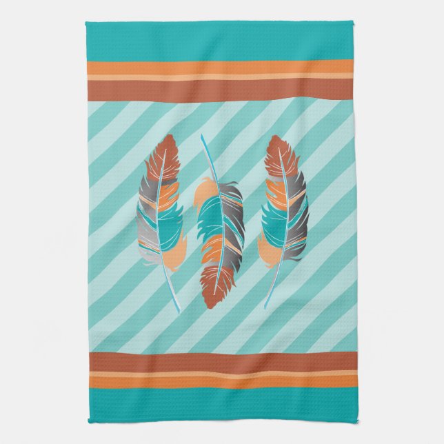 Feathers in Teal Stripes and Desert Colour Kitchen Towel (Vertical)