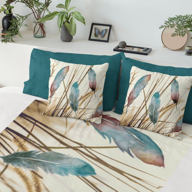 Feathers in watercolor on dried grass background  throw pillow (Creator Uploaded)