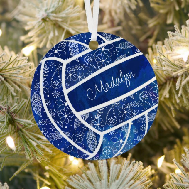 feathers paislies floral pattern blue volleyball metal ornament (Insitu)