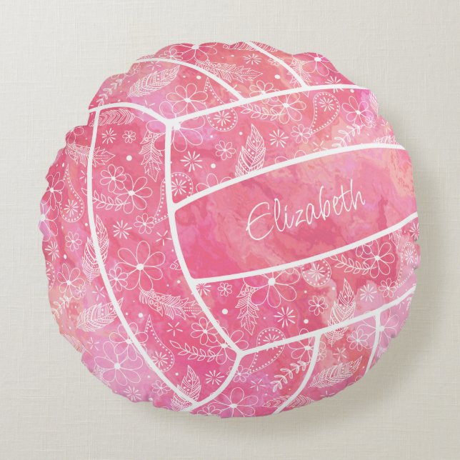 feathers paislies floral pattern pink volleyball round pillow (Front)