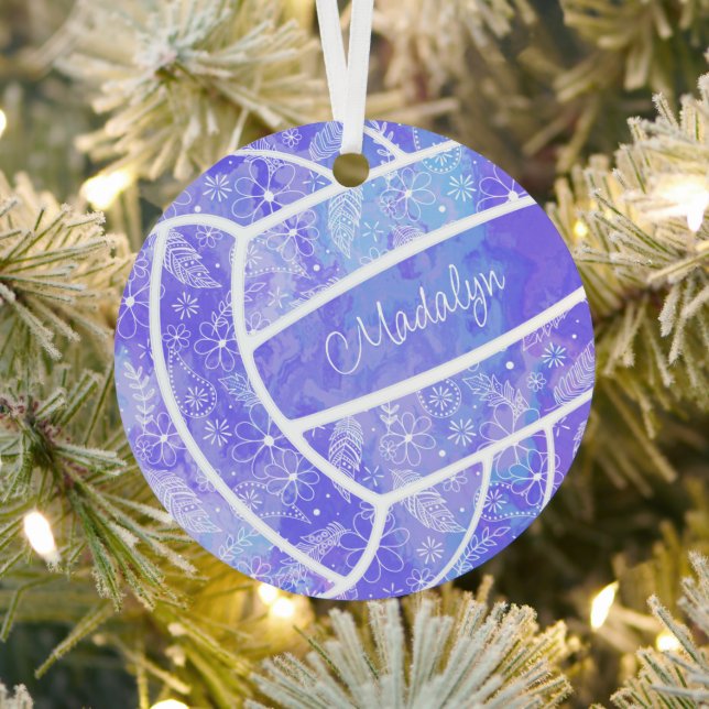 feathers paislies floral pattern purple volleyball metal ornament (Insitu)