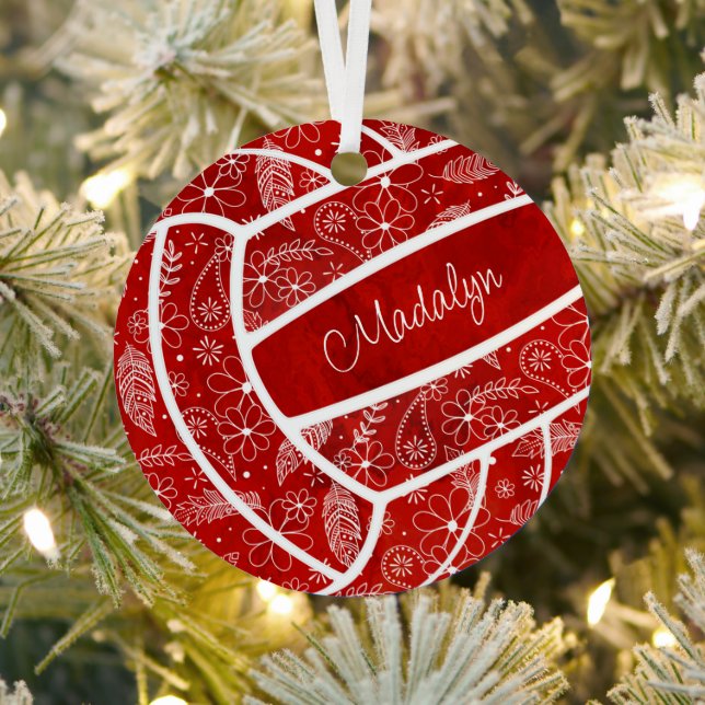 feathers paislies floral pattern red volleyball  metal ornament (Insitu)