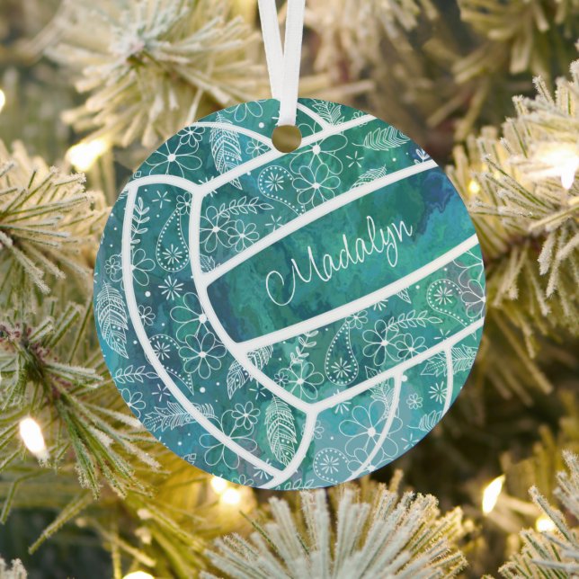 feathers paislies floral pattern teal volleyball metal ornament (Insitu)
