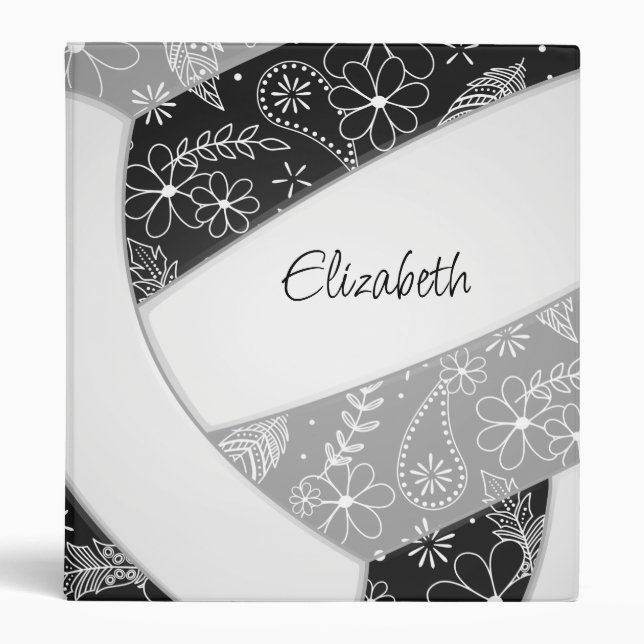 feathers paislies flowers black grey volleyball binder (Front)