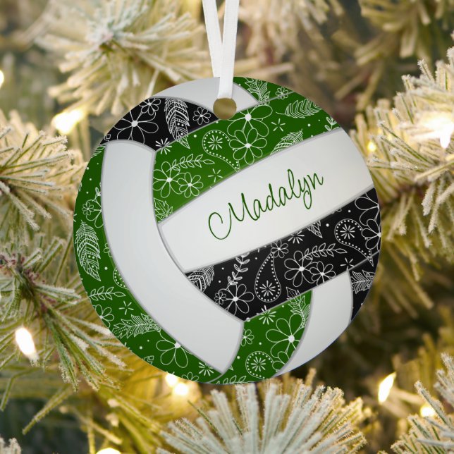 feathers paislies pattern green black volleyball metal ornament (Insitu)
