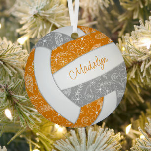 feathers paislies pattern orange grey volleyball metal ornament
